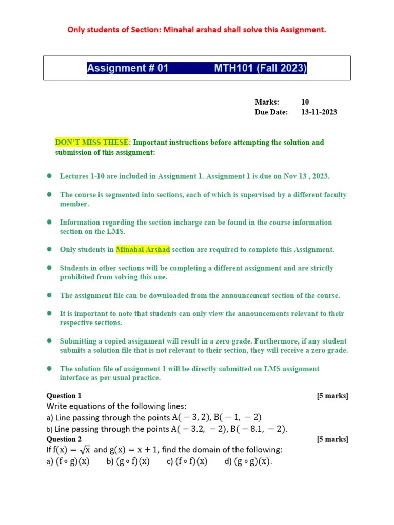 MTH101 Assignment 1 Fall 2023 Minahal Arshad | PDF