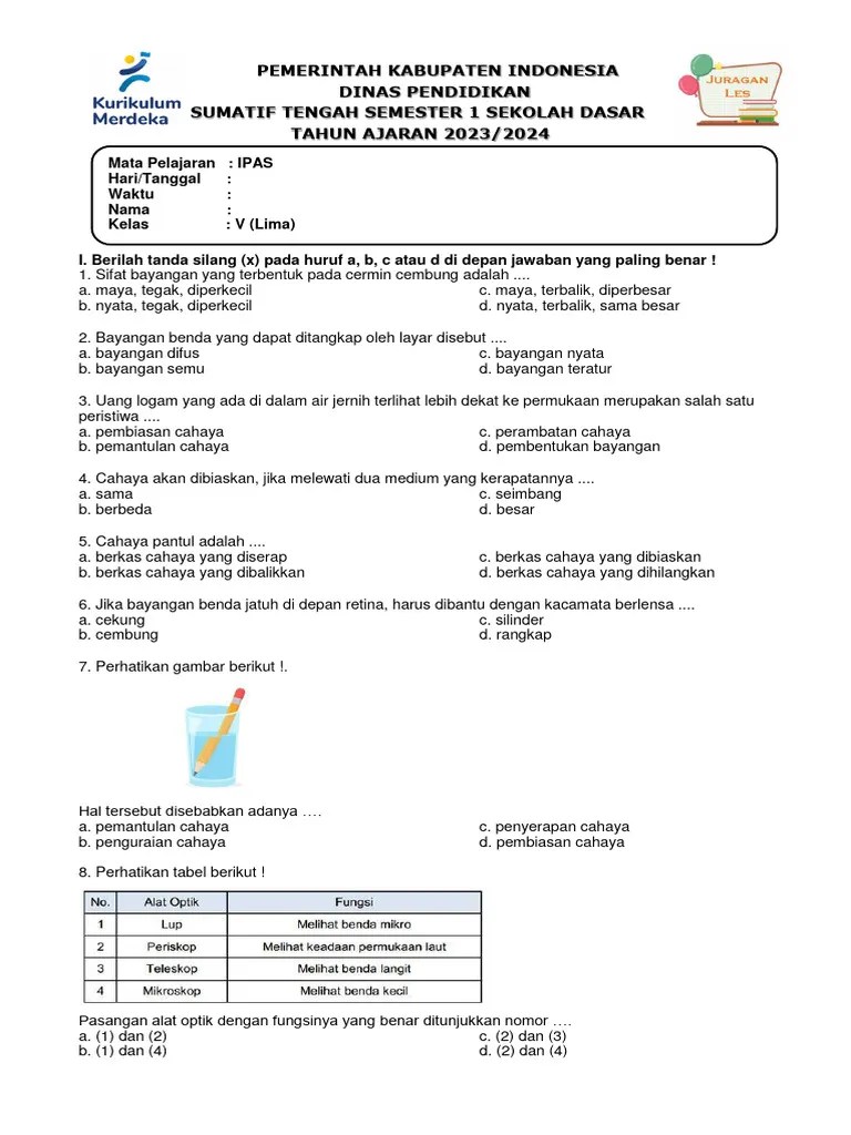 Soal PTS - STS IPAS Kelas 5 Semester 1 Kurikulum Merdeka T.A 2023-2024 ...