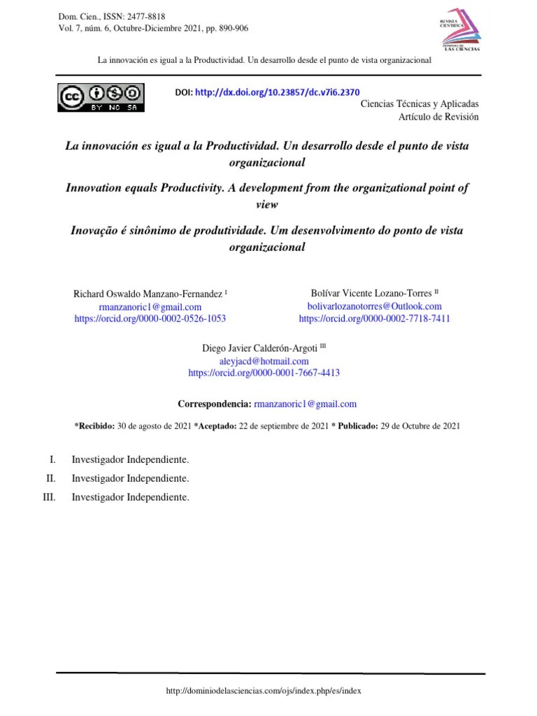 La Innovación Es Igual A La Productividad. Un Desarrollo Desde El Punto De Vista Organizacional ...