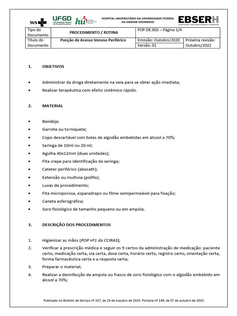 POP Acesso Venoso | PDF | Infecção | Veia