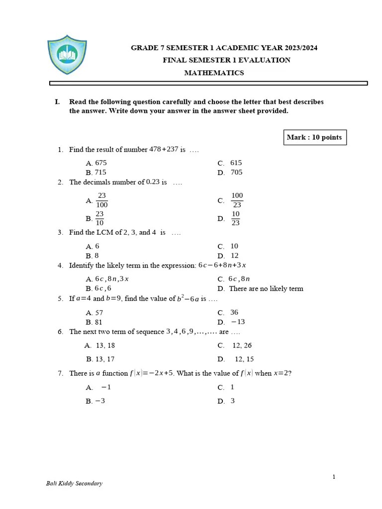 Math PAS Semester 1 | PDF | Applied Mathematics | Arithmetic