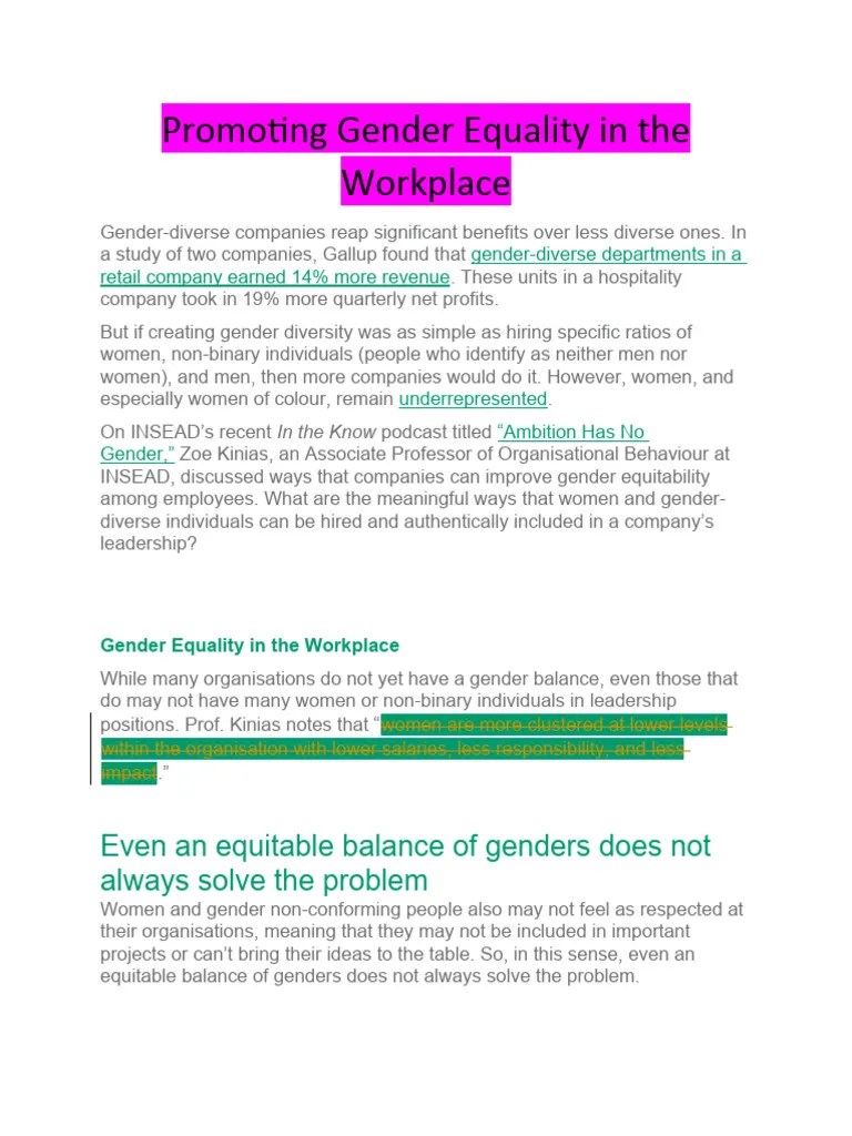 Promoting Gender Equality In The Workplace | PDF | Employment | Gender Studies