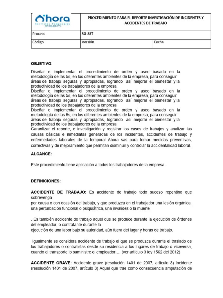 PROCEDIMIENTO De Accidentes E Incidentes De Trabajo | PDF