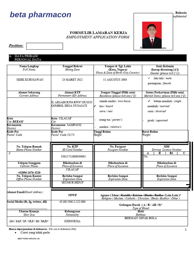 BEST FORM HRG 004 Formulir Lamaran Kerja | PDF