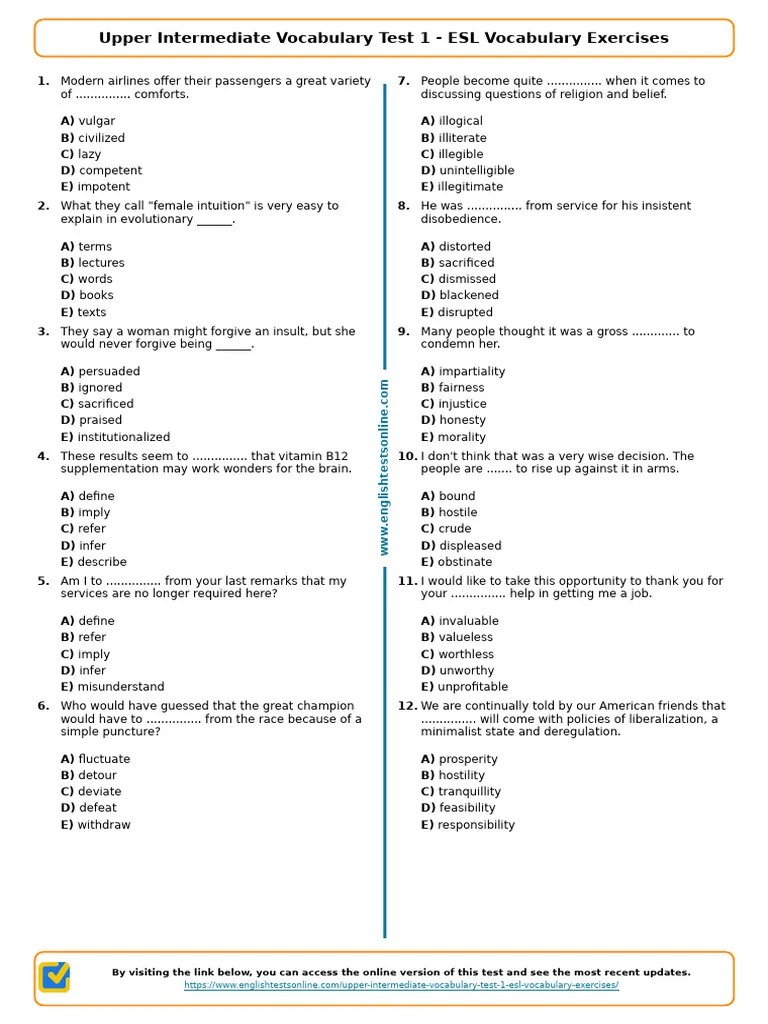 648 Upper Intermediate Vocabulary Test 1 Esl Vocabulary Exercises | PDF