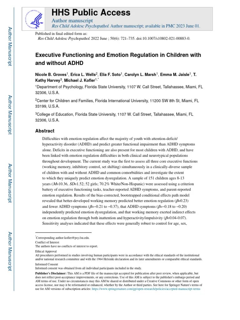 Executive Functioning And Emotion Regulation In Children With And Without ADHD | Download Free ...