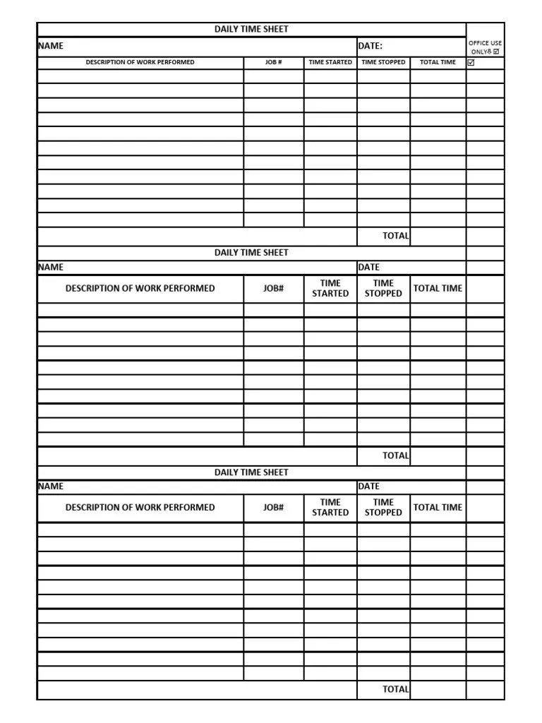 Daily time sheets