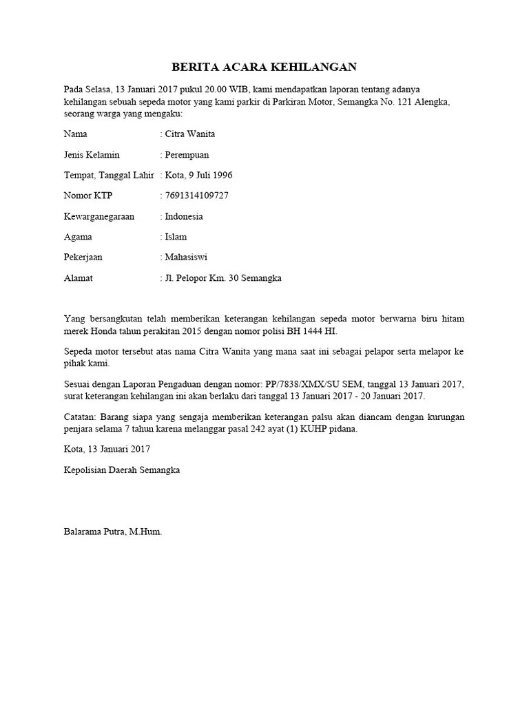 Berita Acara Kehilangan | PDF