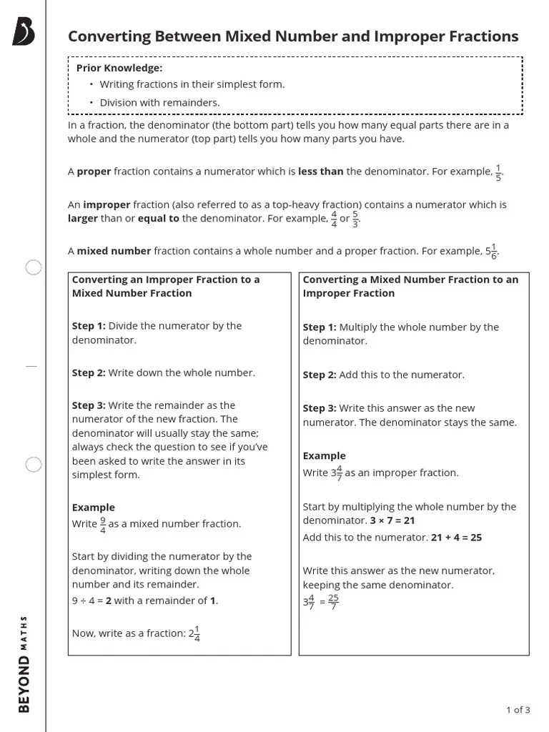 Converting Between Mixed Number And Improper Fractions (Print ...