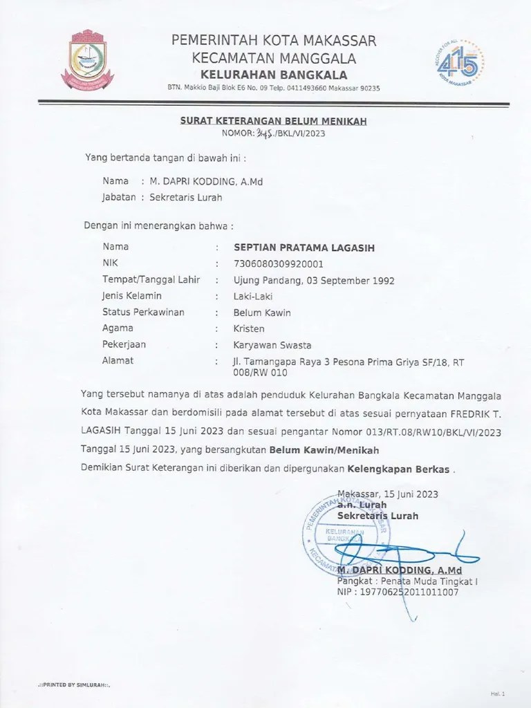 Surat Keterangan Belum Menikah | PDF