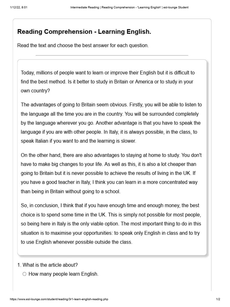 Reading Comprehension - 'Learning English' - Esl-Lounge Student | PDF ...