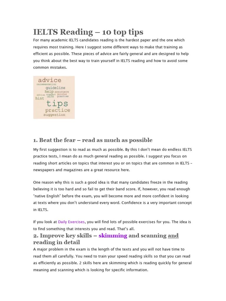 IELTS Reading TIPS | PDF | Speed Reading | Human Communication