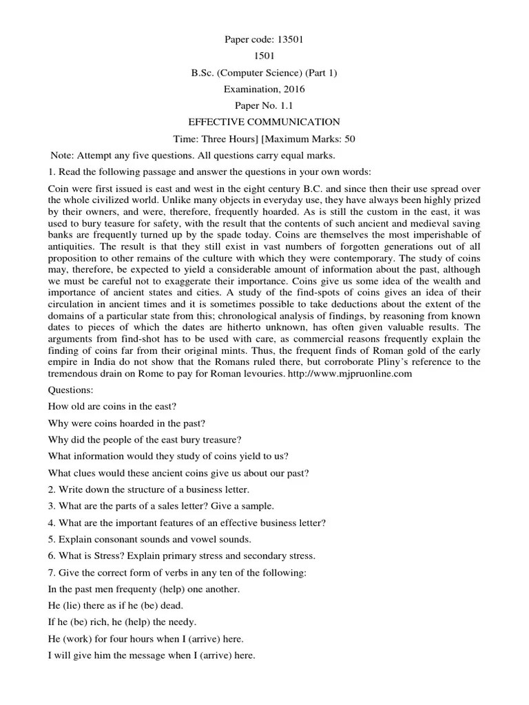 BSC Part 1 Cs Effective Communication 13501 2016 | PDF | Coins | Reason