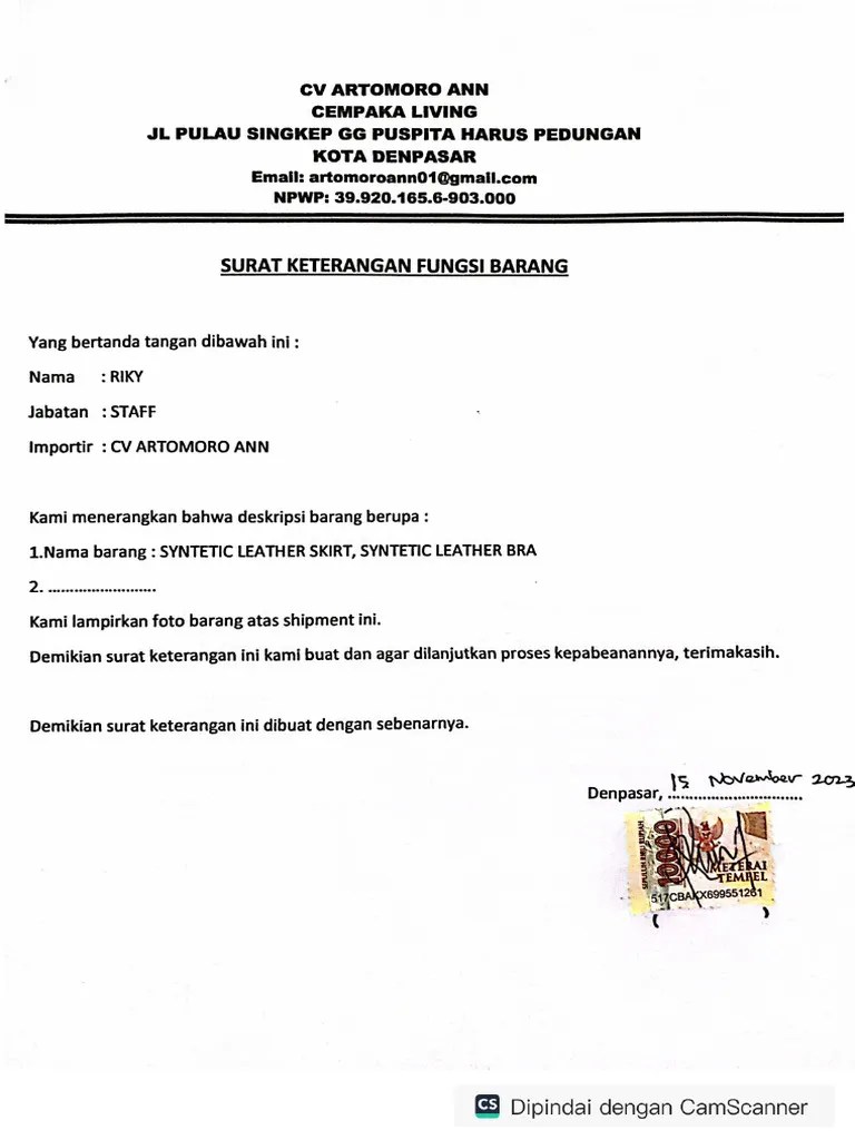 Surat Keterangan Fungsi Barang | PDF