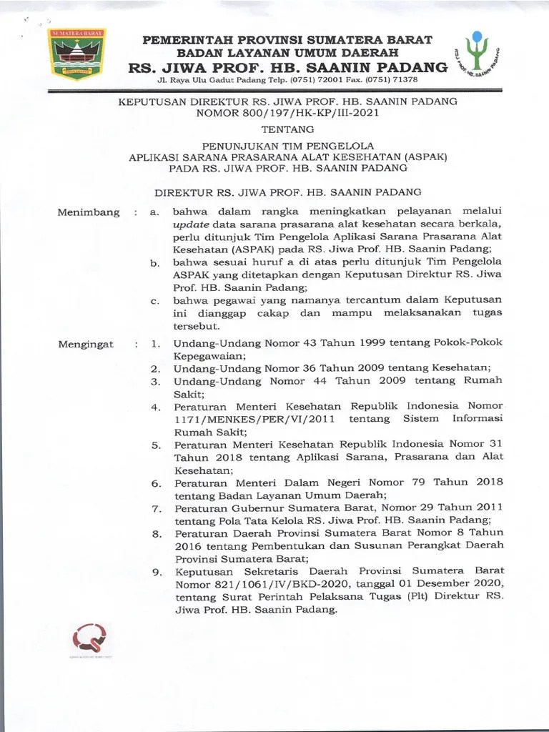 SK Penunjukan Tim Pengelola Aplikasi Sarana Prasarana Alat Kesehatan (Aspak) 0001 | PDF