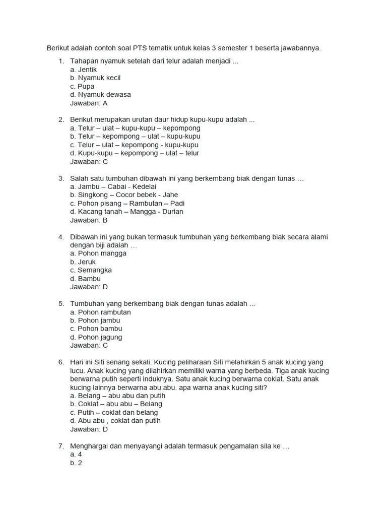 Contoh Soal PTS Tematik Untuk Kelas 3 Semester 1 Beserta Jawabannya | PDF