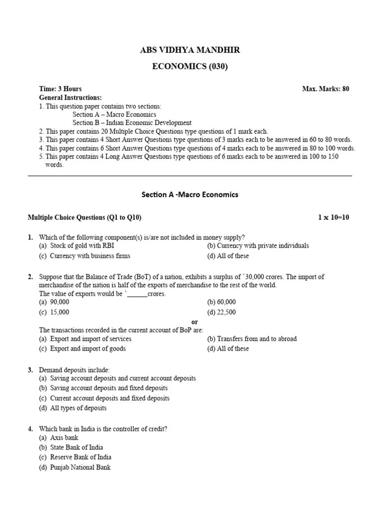 Class 12 CBSE Economics Sample Paper | Download Free PDF | Economies ...