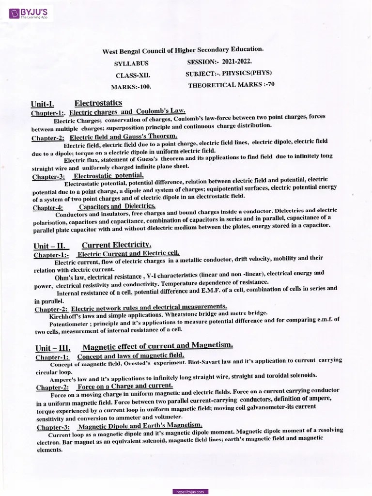 West Bengal Board Class 12 Physics Reduced Syllabus 2021 22 | PDF