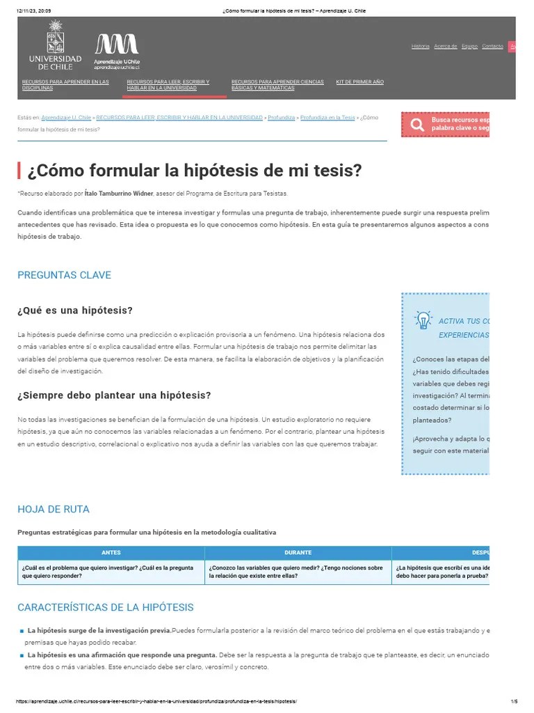 ¿Cómo Formular La Hipótesis De Mi Tesis - Aprendizaje U. Chile | PDF ...