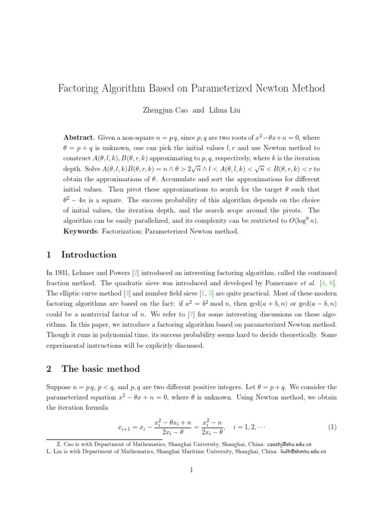Factoring Algorithm Based On Parameterized Newton Method-Zhengjun Cao ...