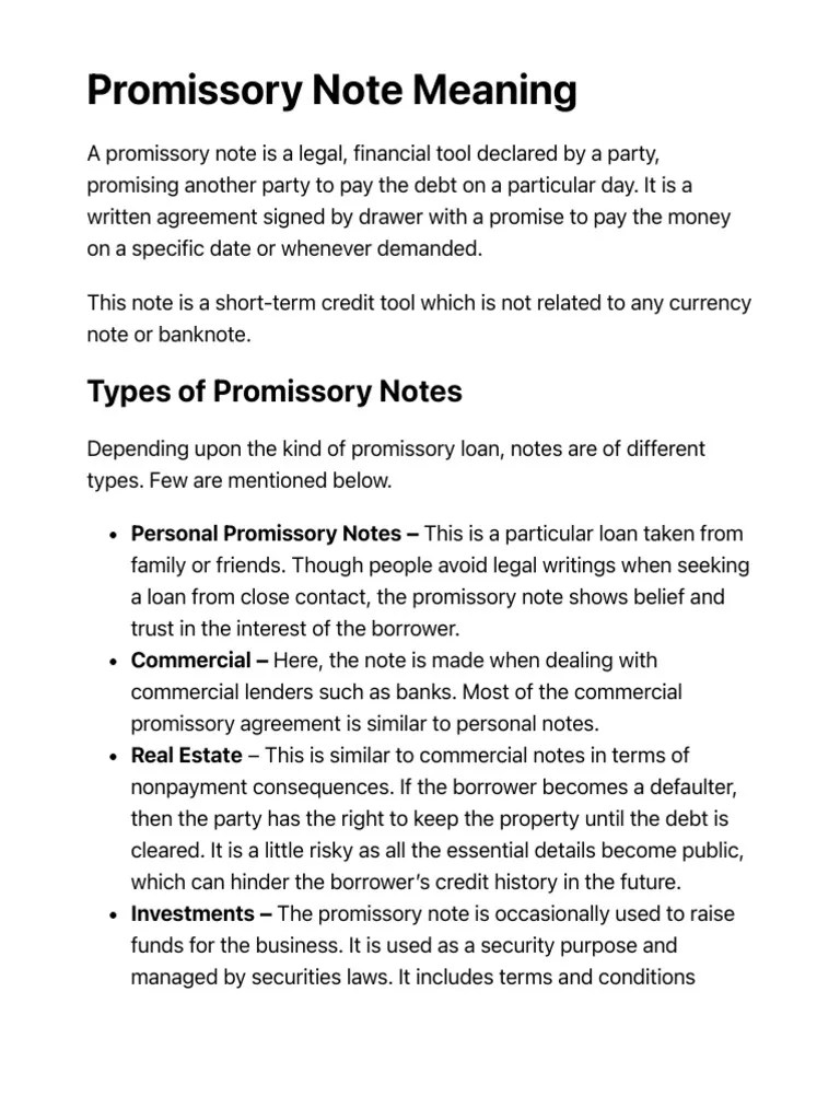 Promissory Note - Meaning, Format, Example, Types, Features | PDF ...