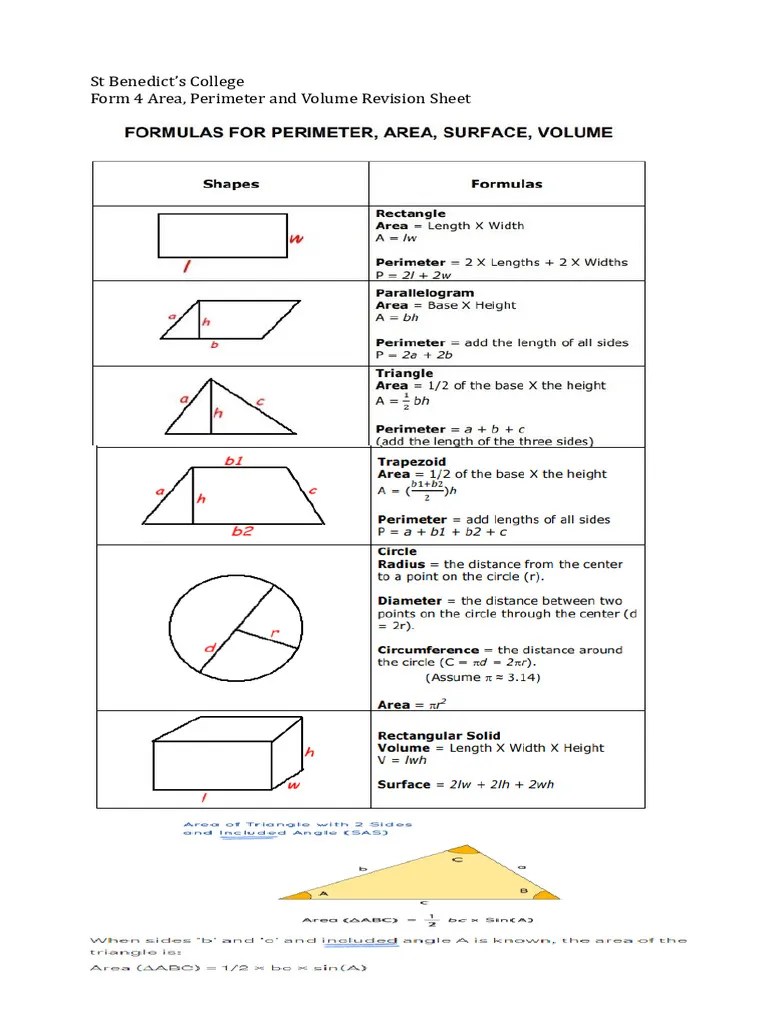 Area, Perimeter And Volume Of Various Shapes | PDF