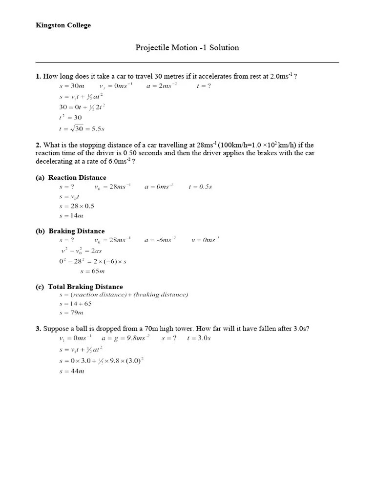 Worksheet - Projectile Motion 1 Solution | PDF | Acceleration | Velocity
