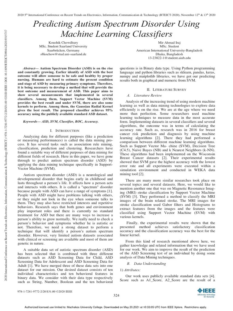 Predicting Autism Spectrum Disorder Using Machine Learning Classifiers ...