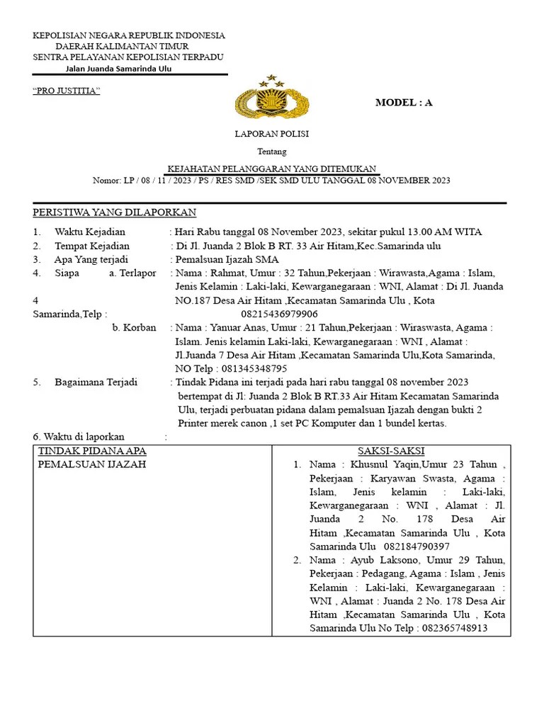 Laporan Polisi Model A | PDF