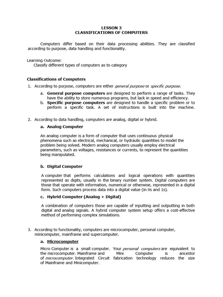 Module 3 LESSON 3 Classifications Of Computers | PDF | Computer Data Storage | Microcomputers