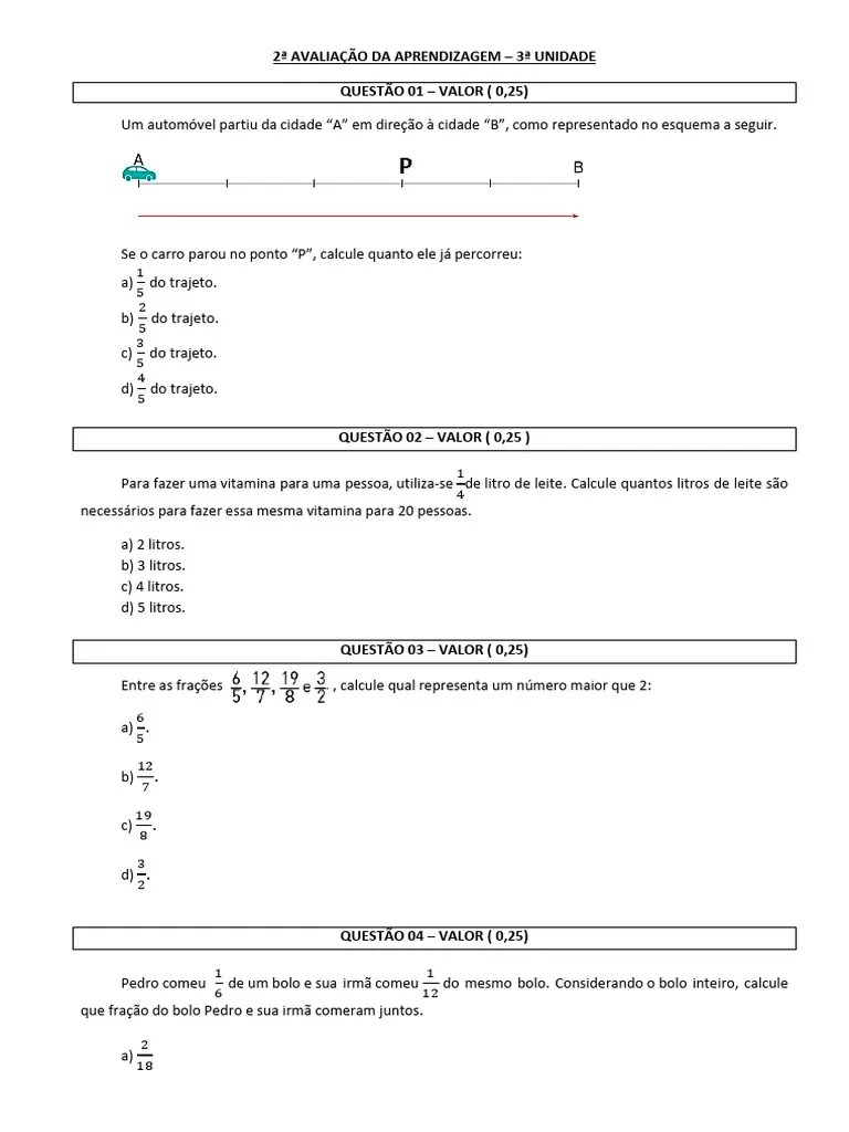 TESTE 6 Ano Matematica 3 Unidade | PDF