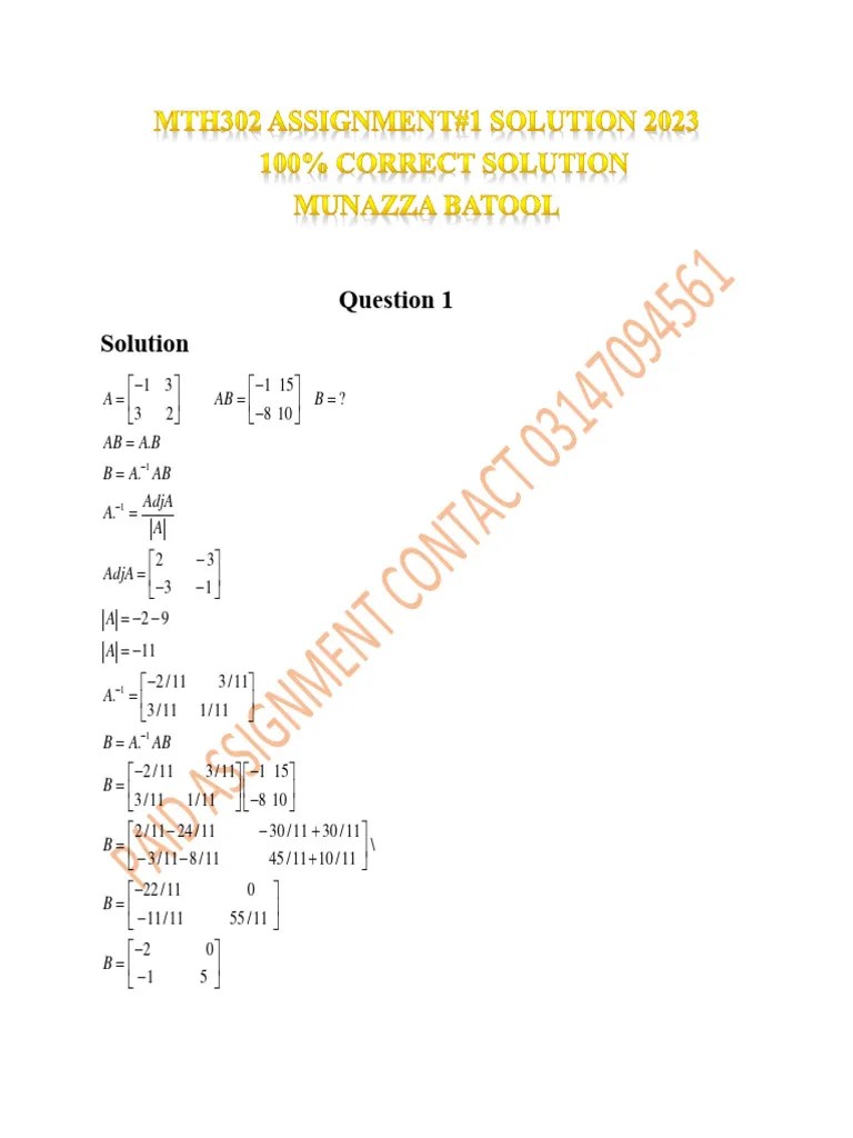 MTH302 Munaza Batool 100% Correct SOlution 2023 Assignment#1 | PDF