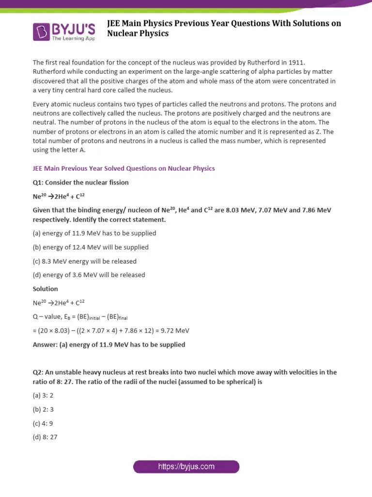 JEE Main Physics Previous Year Questions With Solutions On Nuclear ...