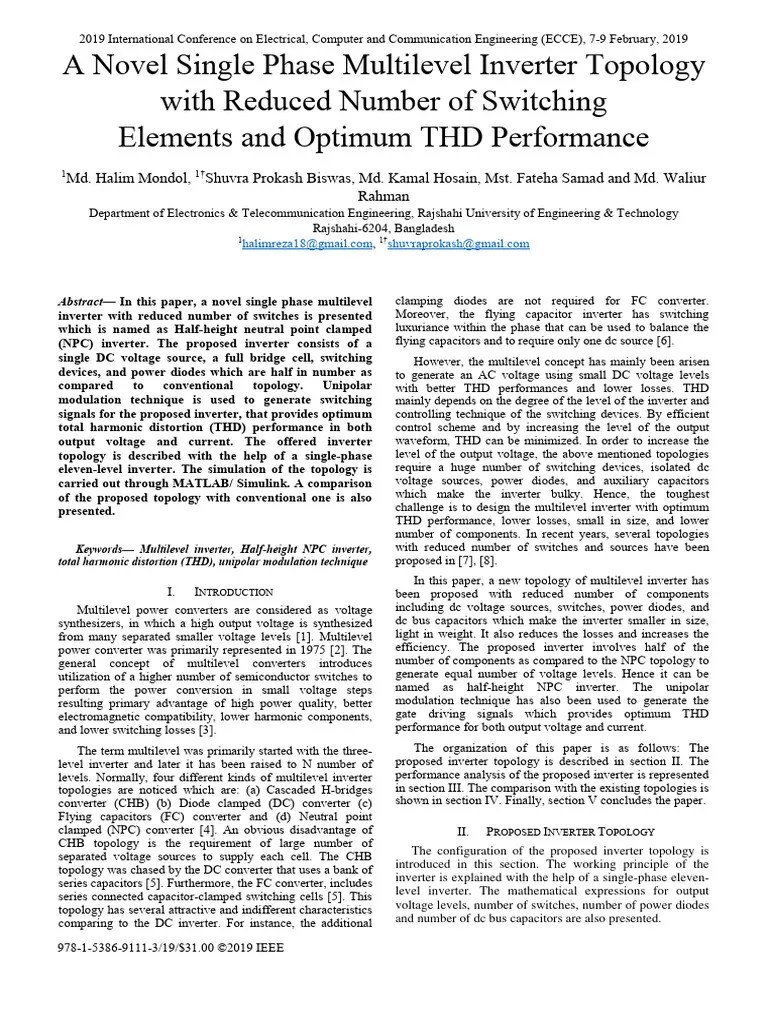 A Novel Single Phase Multilevel Inverter Topology With Reduced Number Of Elementspdf | PDF ...