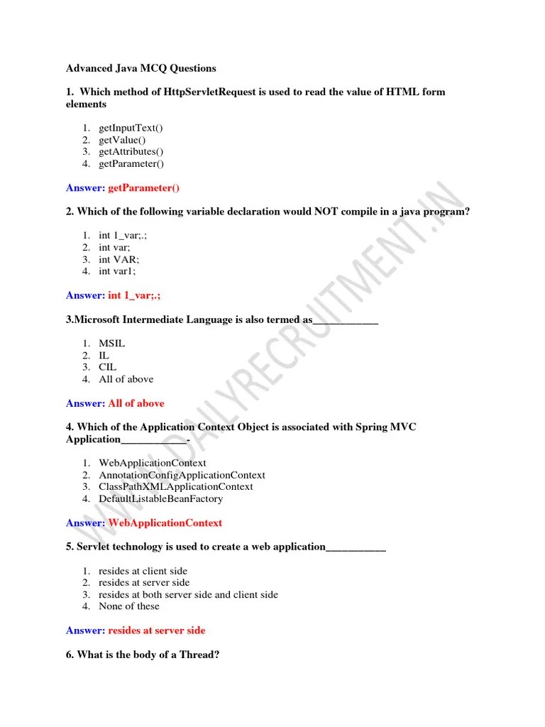 Advanced Java MCQ Questions | PDF | Java (Programming Language ...