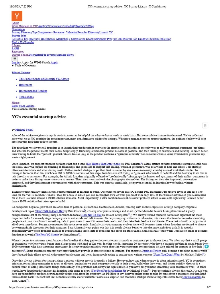 YC's Essential Startup Advice - YC Startup Library - Y Combinator | PDF ...