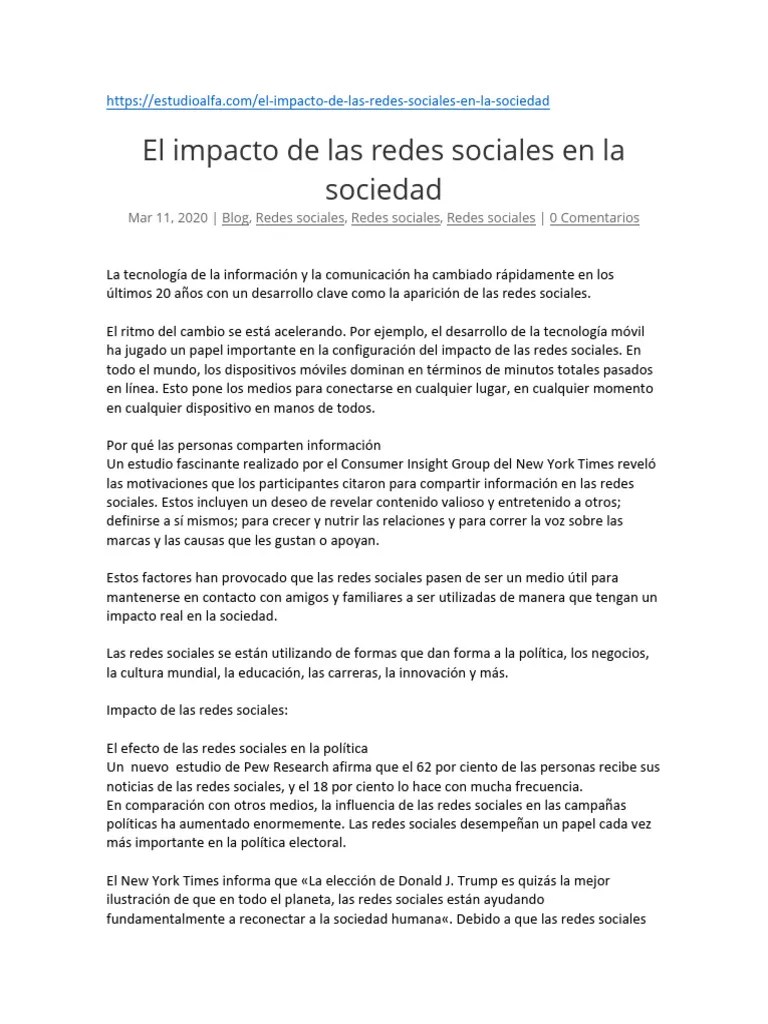 Impacto De Las Redes Sociales | PDF | Servicio De Redes Sociales ...