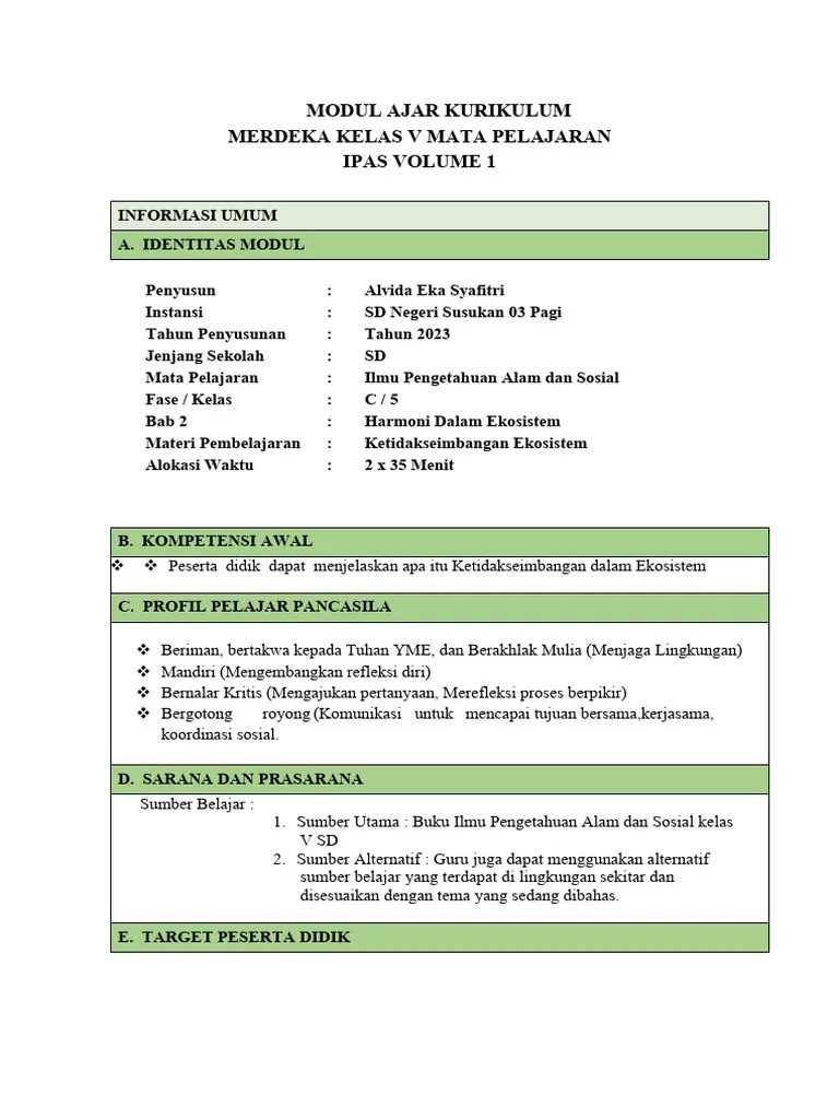 Modul Ajar Kurikulum Merdeka Kelas V Mata Pelajaran Ipas Volume 1 | PDF