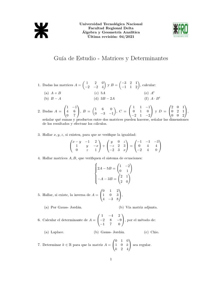 Guia De Estudios - Matrices Y Determinantes | PDF | Matriz (Matemáticas ...