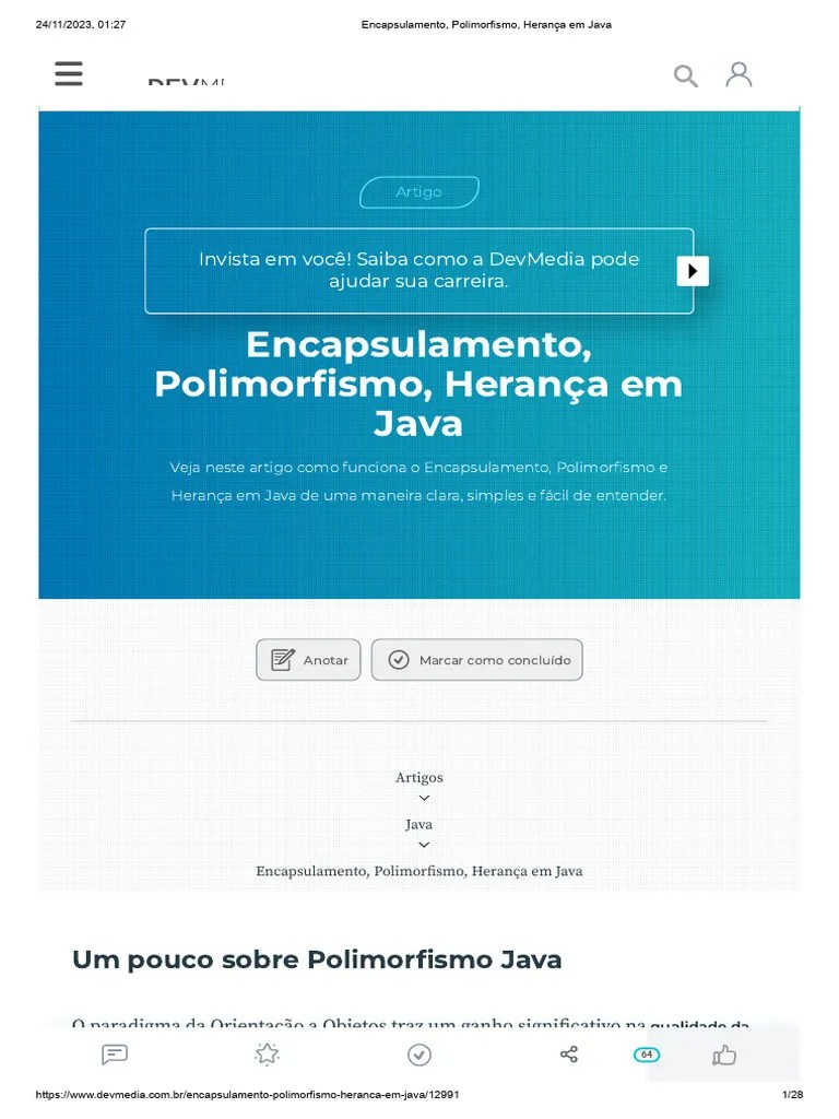Encapsulamento, Polimorfismo, Herança Em Java | PDF | Classe ...