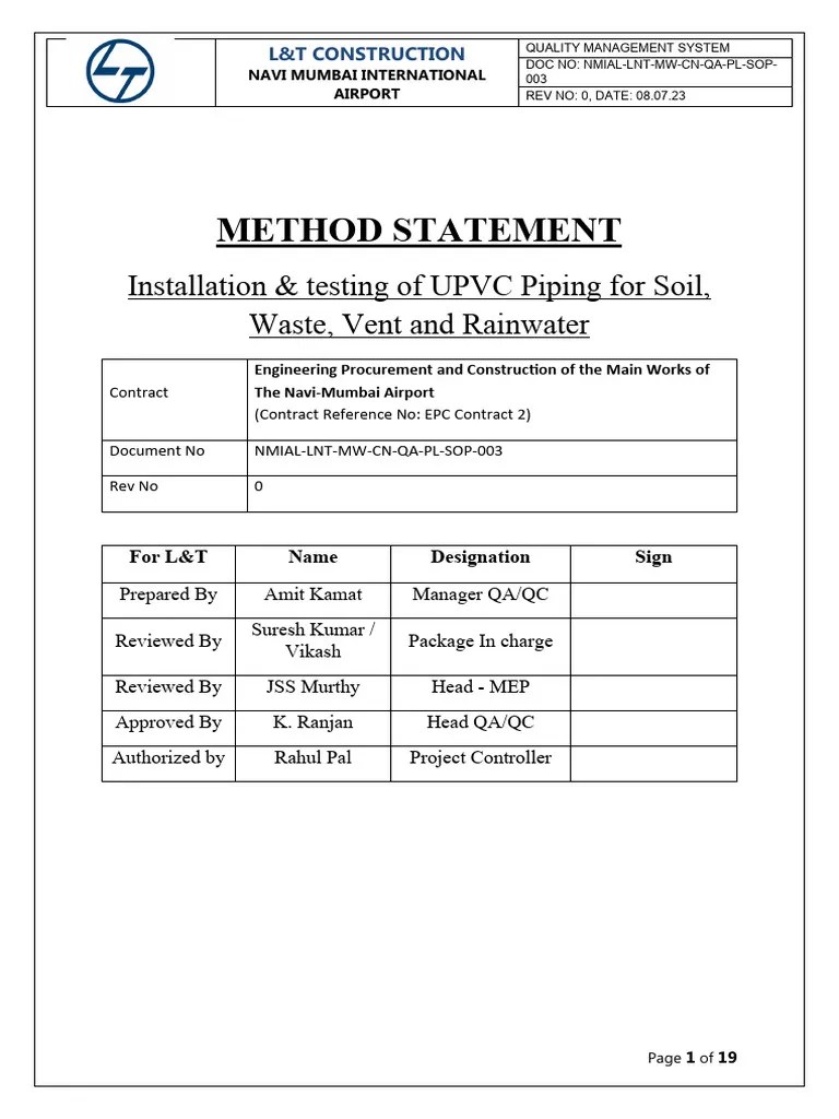 MS A. Method Statement Of UPVC Pipe Installation & Testing For Soil ...