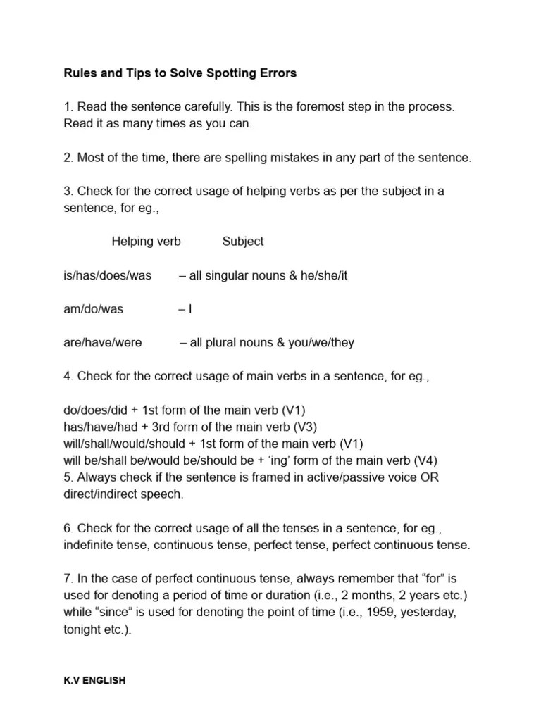 Rules And Tips To Solve Spotting Errors | PDF | Grammatical Number | Verb