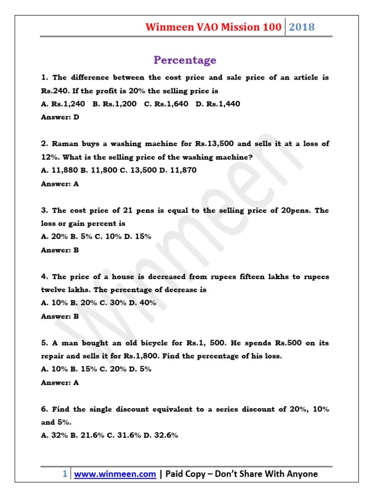 Percentage Sums | PDF | Prices | Cost