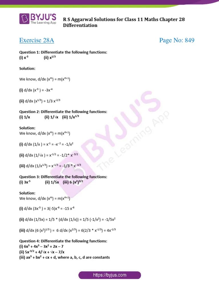 R S Aggarwal Solution Class 11 Maths Chapter 28 Differentiation | PDF ...
