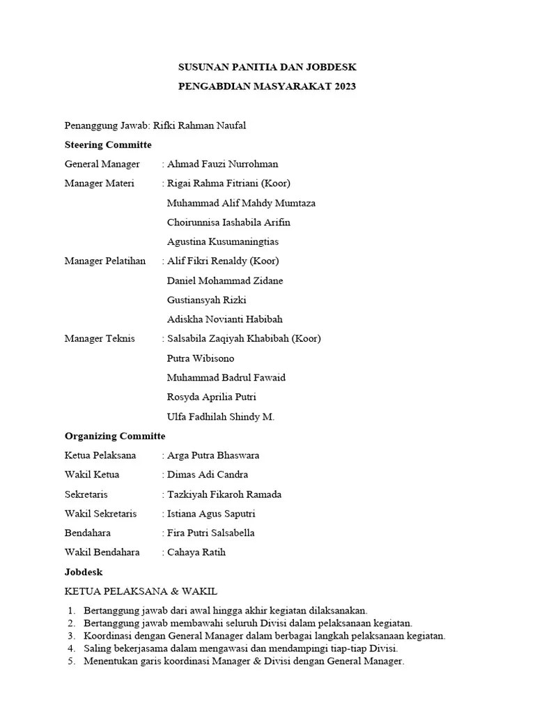 Susunan Panitia Dan Jobdesk Pengmas 2023 | PDF