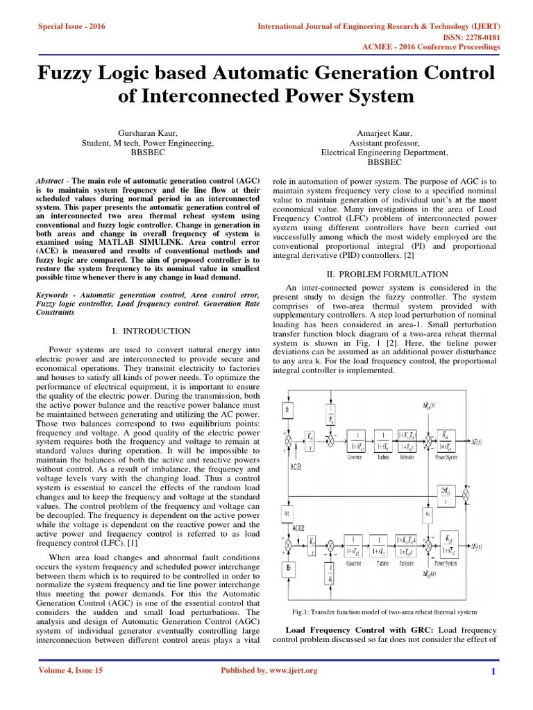 Fuzzy Logic Based Automatic Generation Control Of Interconnected Power System IJERTCONV4IS15012 ...