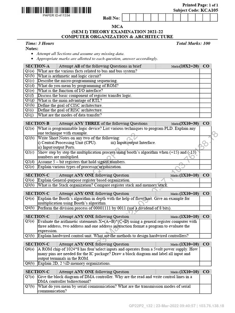 Mca 1 Sem Computer Organization And Architecture Kca105 2022 | PDF | Input/Output | Logic Gate