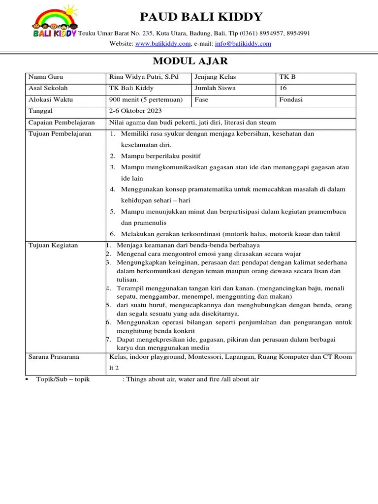 Modul Ajar PAUD - Modul Ajar Tentang Udara - Fase Fondasi | PDF