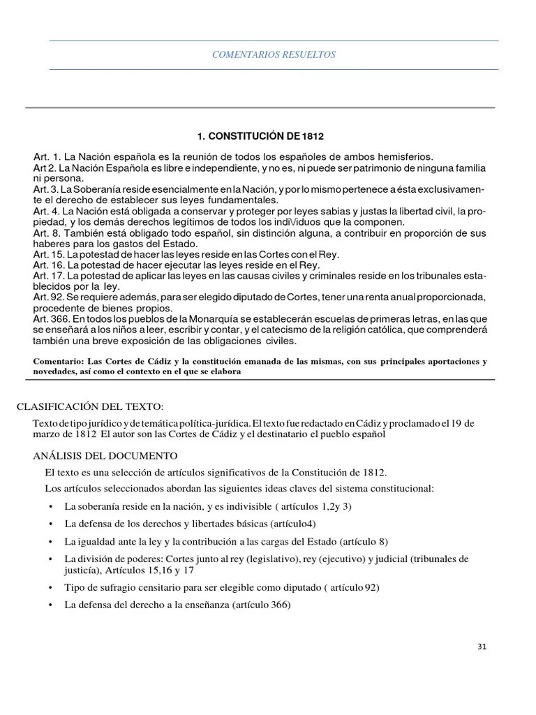 Ejemplos De Comentarios Resueltos Tema 1 EVAU | PDF | Constitución