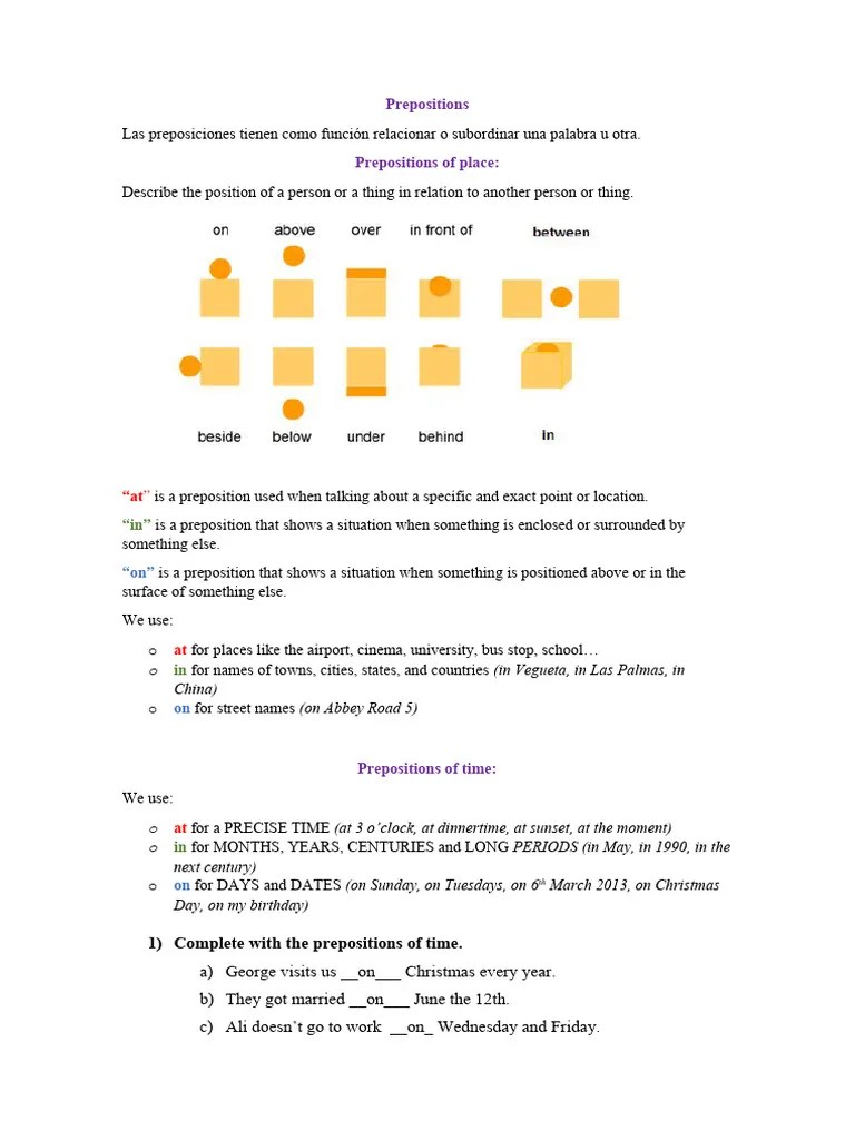 In, On, At (Prepositions Of Time And Place) | PDF